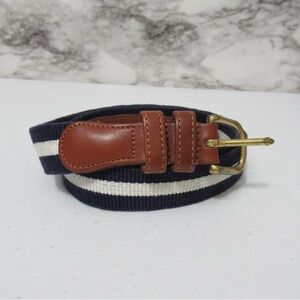COACH Genuine Leather & Linen Belt Striped Navy and White